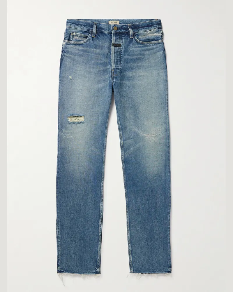 Fear of God Gerade geschnittene Jeans in Distressed-Optik mit Logoapplikation Blau