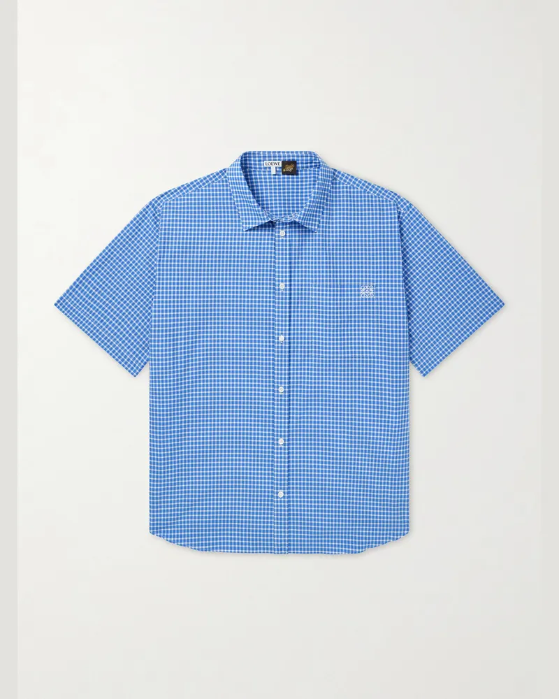 Loewe Paula's Ibiza Logo-Embroidered Checked Cotton-Poplin Shirt Blue