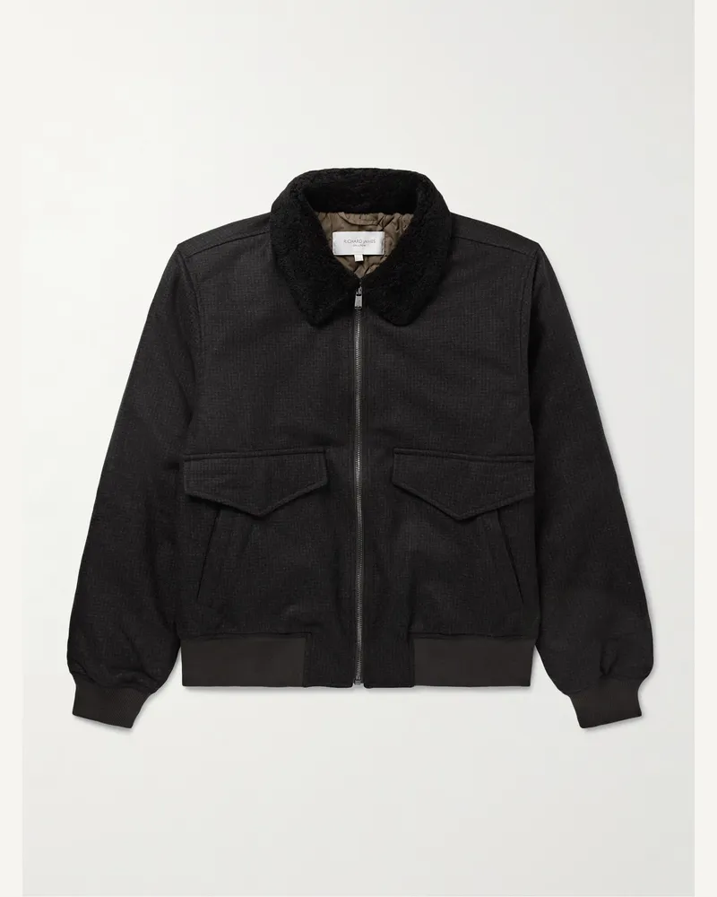 Richard James Blouson aus Schurwollflanell mit feinem Hahnentrittmuster und Shearling-Besatz Grau