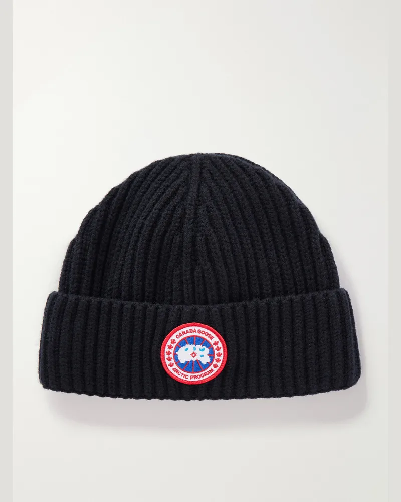 Canada Goose Logo-Appliquéd Ribbed Wool and Cashmere-Blend Beanie Black