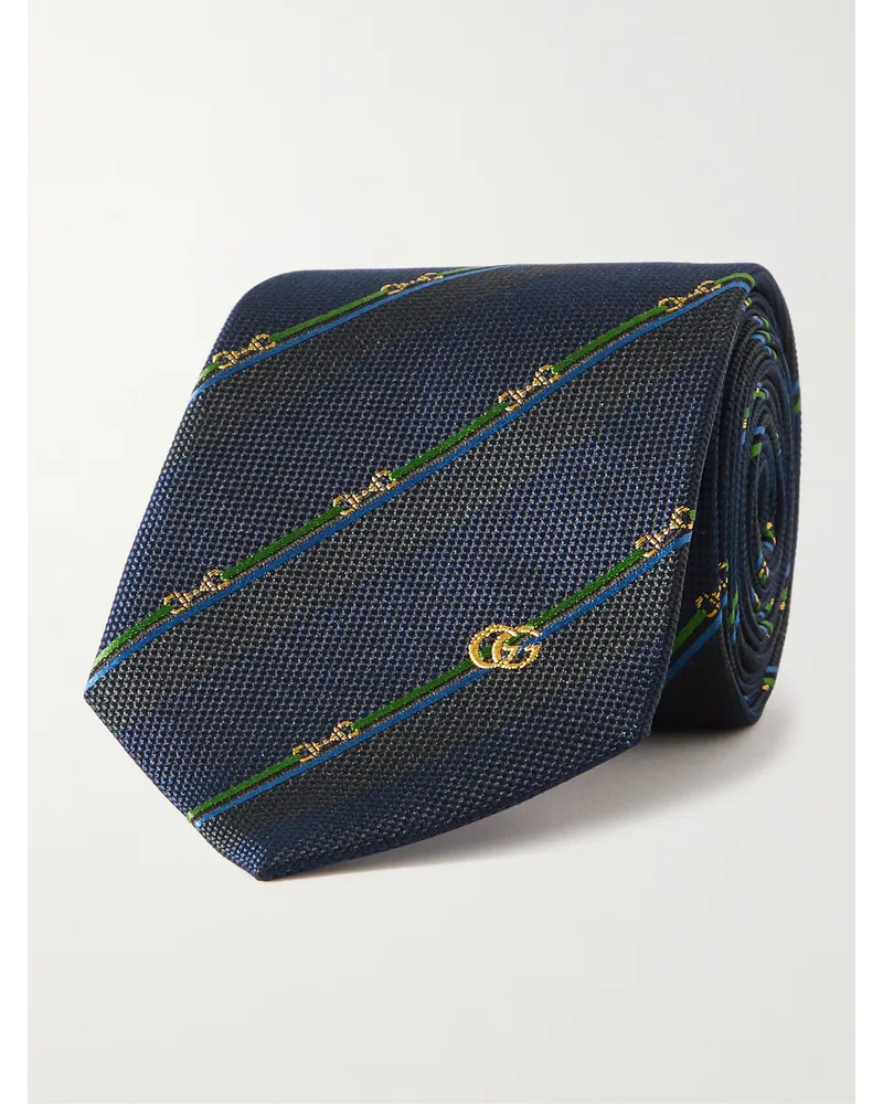 Gucci Gestreifte Krawatte aus Seiden-Jacquard mit Logostickereien, 7 cm Blau