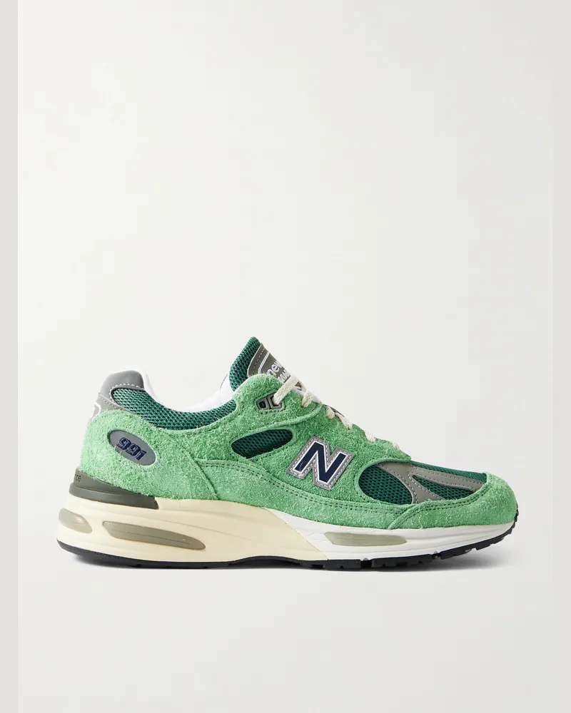 New Balance 991v2 Sneakers aus gebürstetem Veloursleder, Leder und Mesh Grün