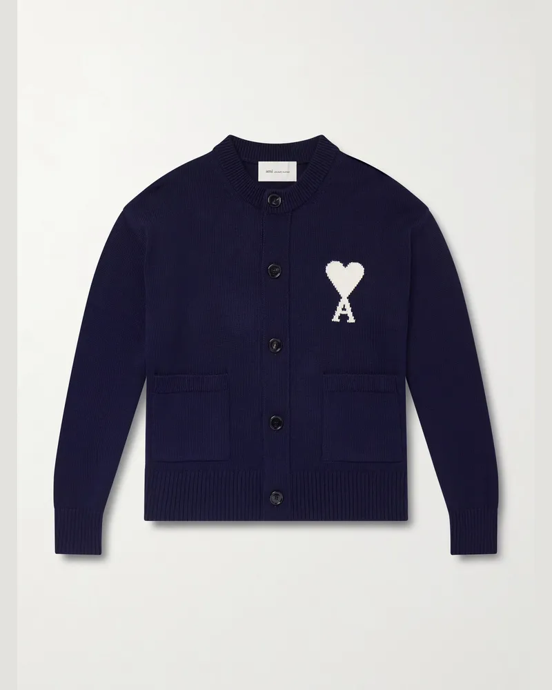AMI Paris Logo-Intarsia Virgin Wool and Cotton-Blend Cardigan Blue