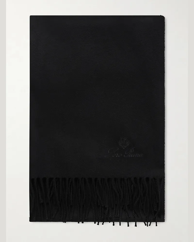 Loro Piana Logo-Embroidered Fringed Herringbone Cashmere Scarf Black