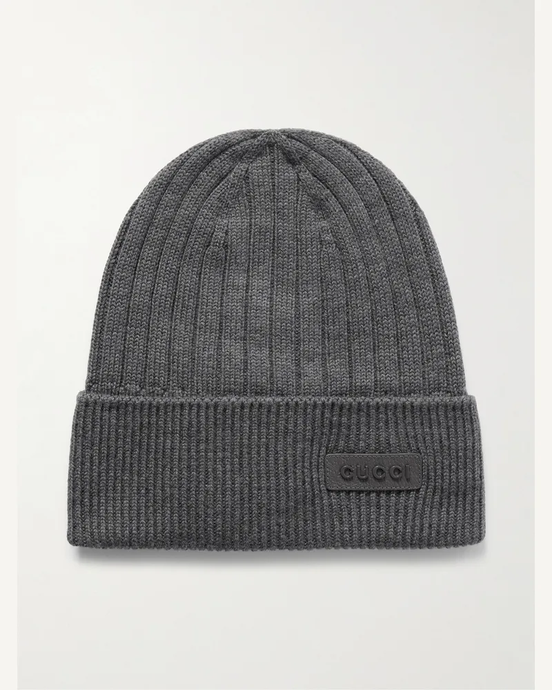 Gucci Logo-Appliquéd Ribbed Wool Beanie Gray