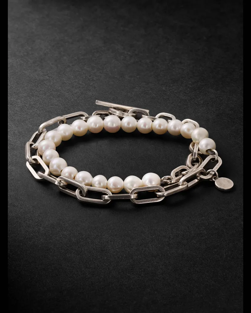 MAOR Trio Elm Burnished Sterling Silver and Pearl Wrap Bracelet Silver