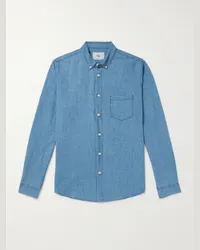 Folk Hemd aus Chambray aus einer Leinen-Baumwollmischung mit Button-Down-Kragen Blau