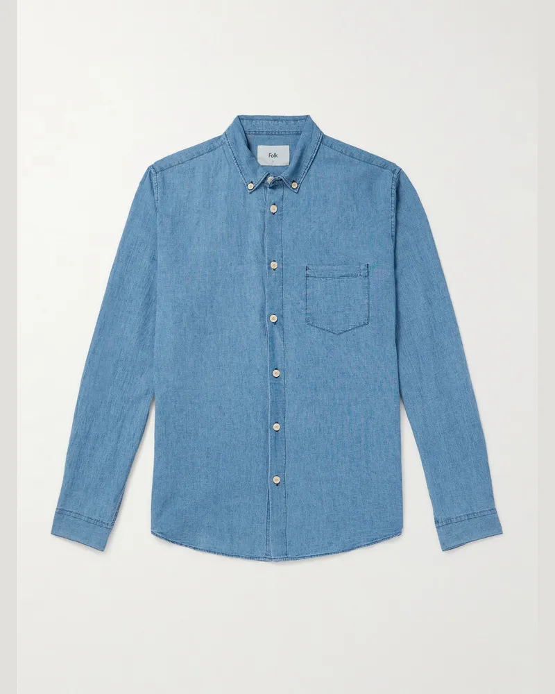 Folk Hemd aus Chambray aus einer Leinen-Baumwollmischung mit Button-Down-Kragen Blau