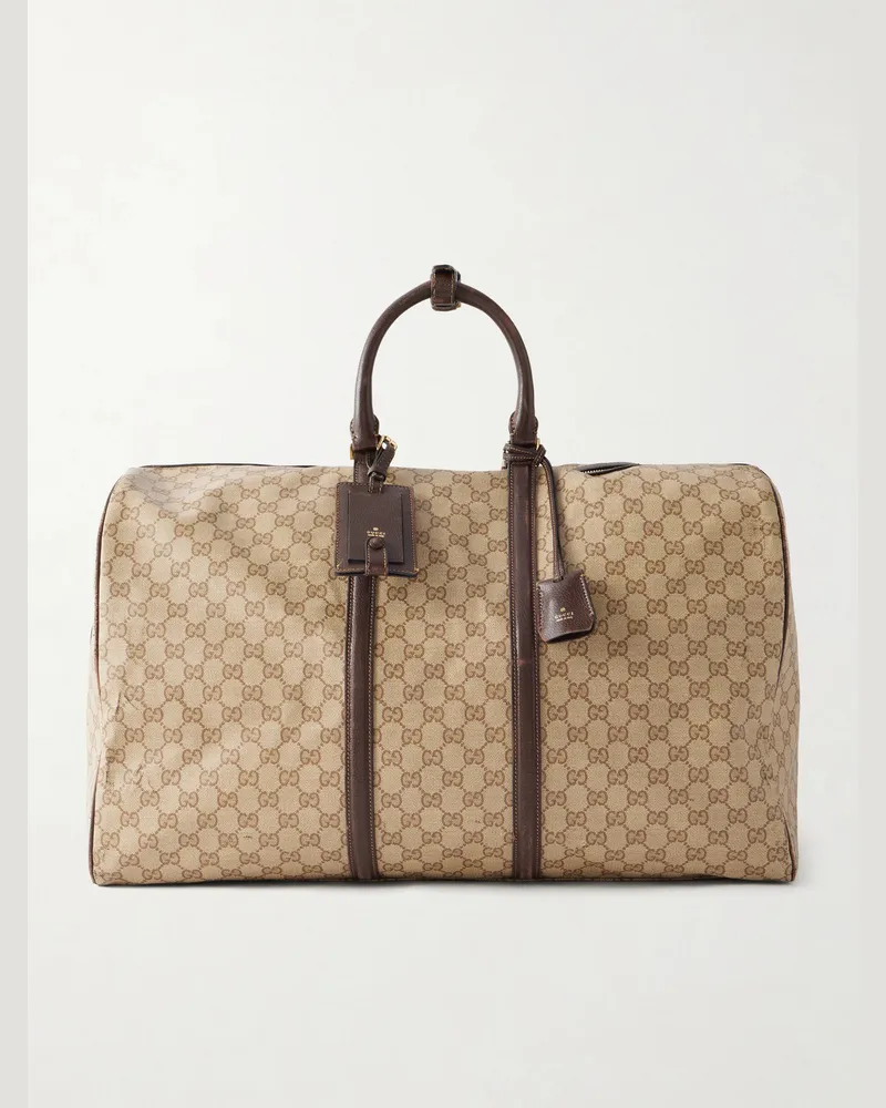 Gucci Essence Classic leather-trimmed coated canvas-jacquard weekend bag Neutrals