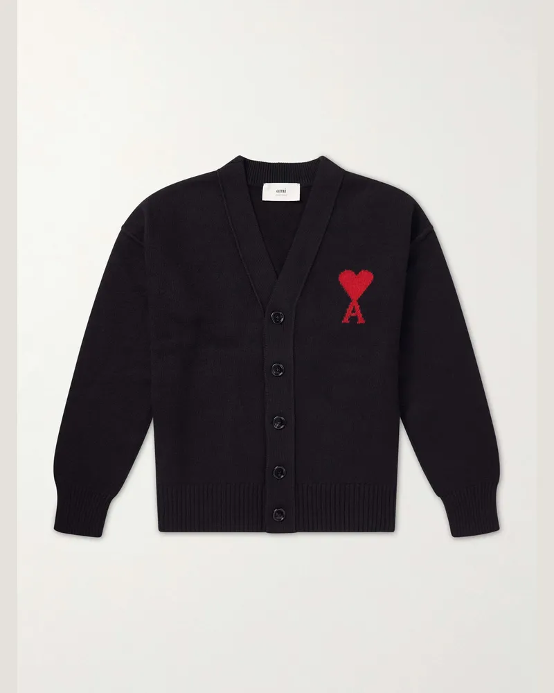 AMI Paris Logo-Intarsia Virgin Wool Cardigan Black