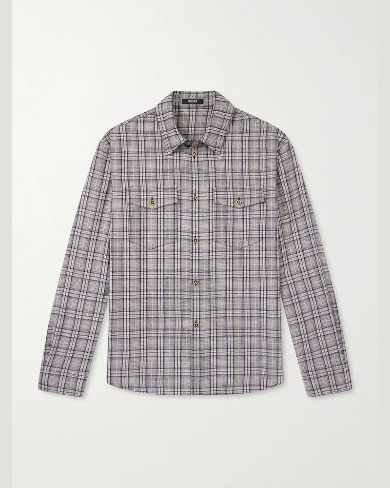 Versace Kariertes Hemd aus Wollflanell Braun