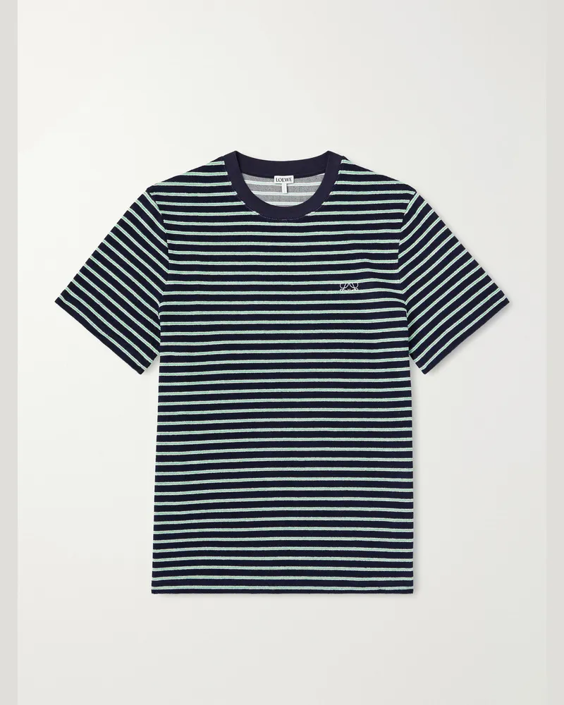 Loewe Logo-Embroidered Striped Cotton-Blend Terry T-Shirt Blue