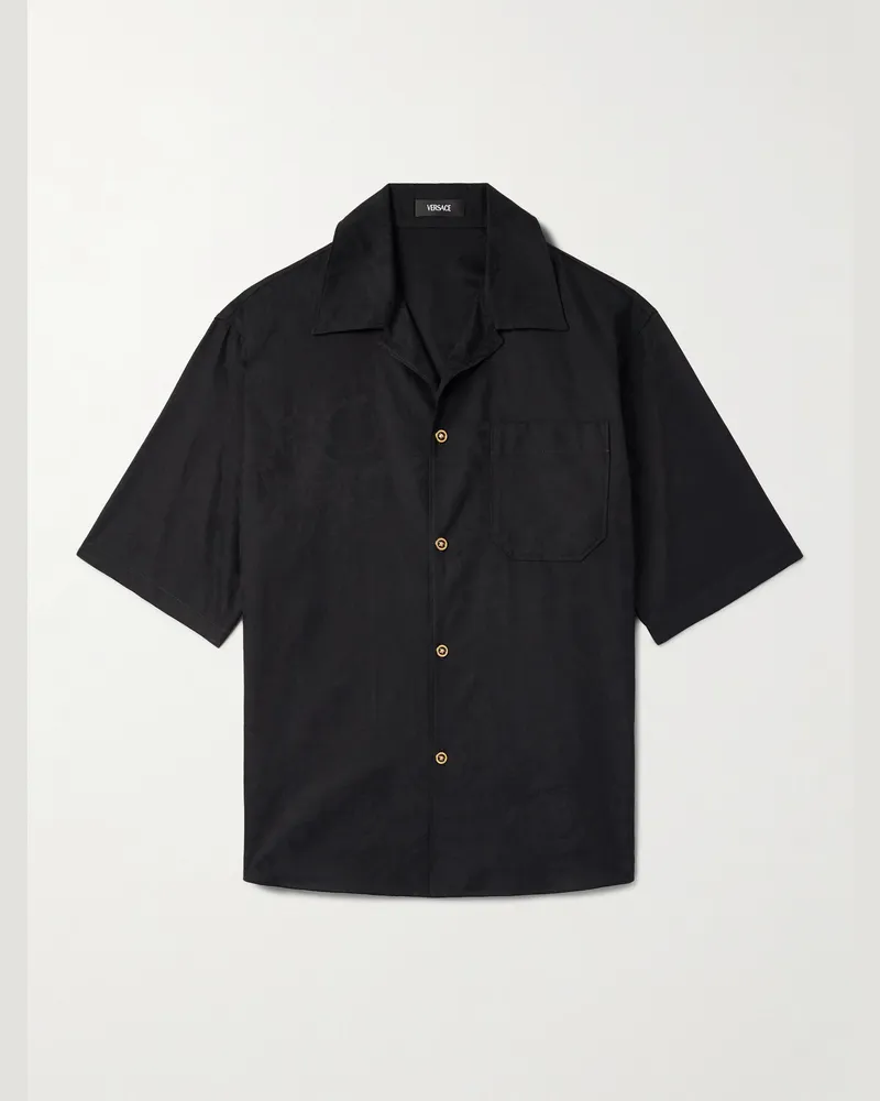 Versace Hemd aus Baumwollpopeline mit Jacquard-Logomuster und Reverskragen Schwarz