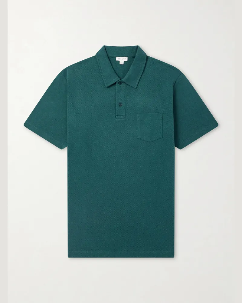 Sunspel Riviera Slim-Fit Cotton-Mesh Polo Shirt Green