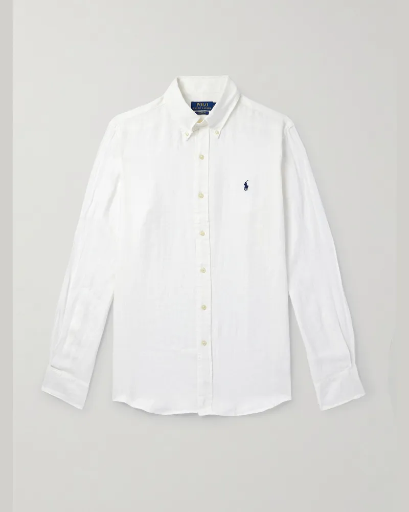 Ralph Lauren Hemd aus Leinen mit Logostickerei und Button-Down-Kragen Weiß
