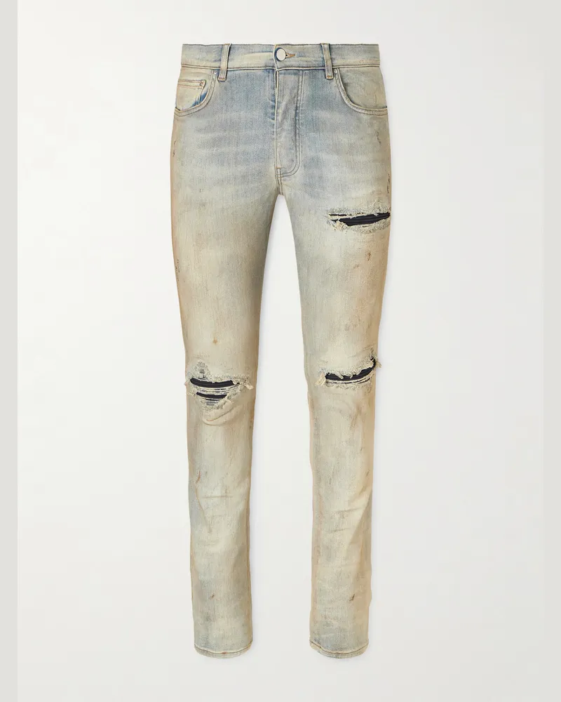 Amiri MX1 Skinny-Fit Distressed Suede-Trimmed Jeans Blue