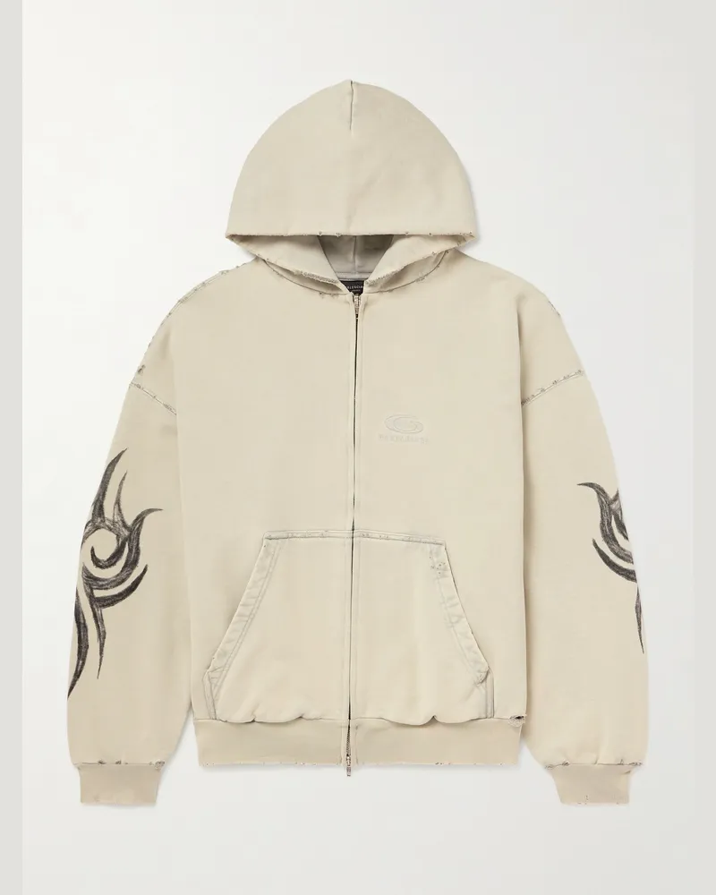 Balenciaga Kapuzenjacke aus bedrucktem Baumwoll-Jersey mit Reißverschluss und Logostickerei in Distressed-Optik Neutral