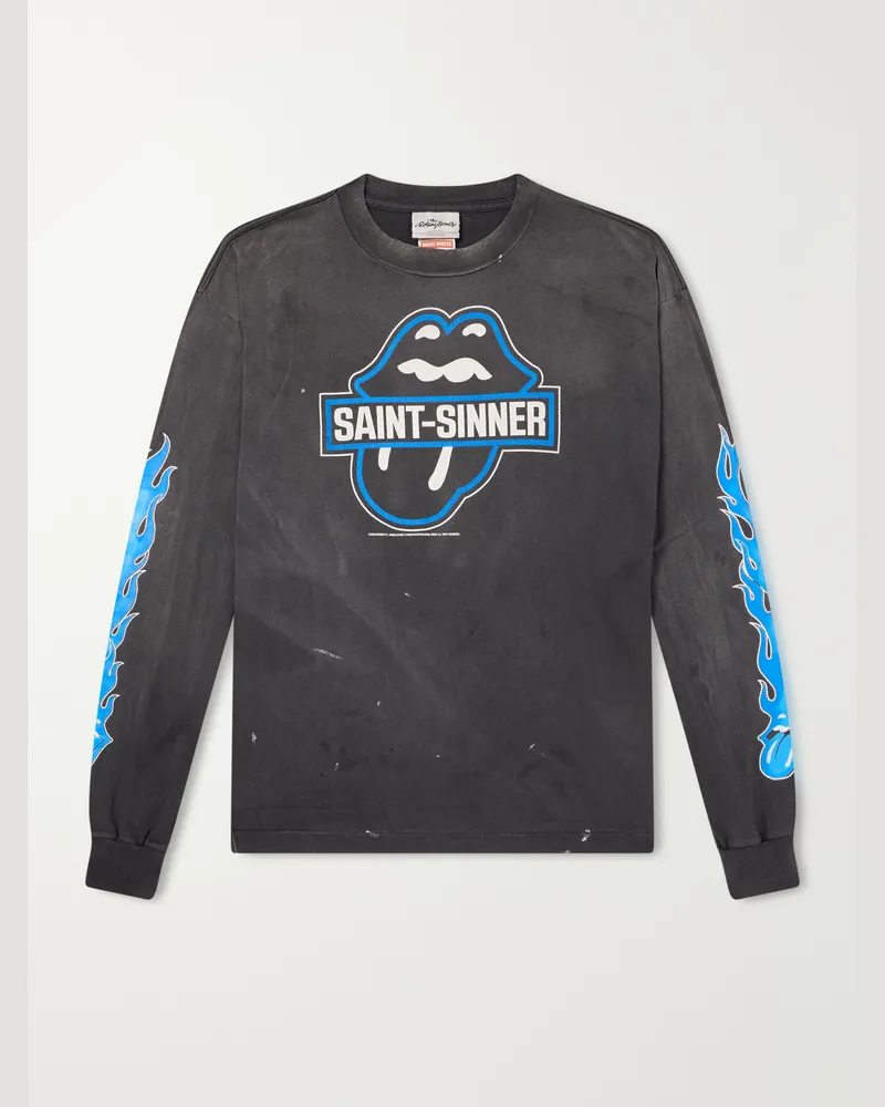 SAINT MXXXXXX The Rolling Stones Fire Printed Distressed Cotton-Jersey T-Shirt Black