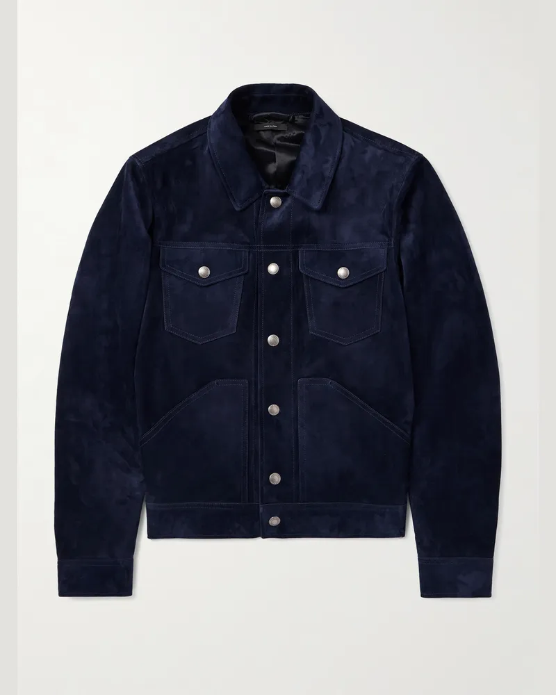 Tom Ford Schmal geschnittene Jacke aus Veloursleder Blau