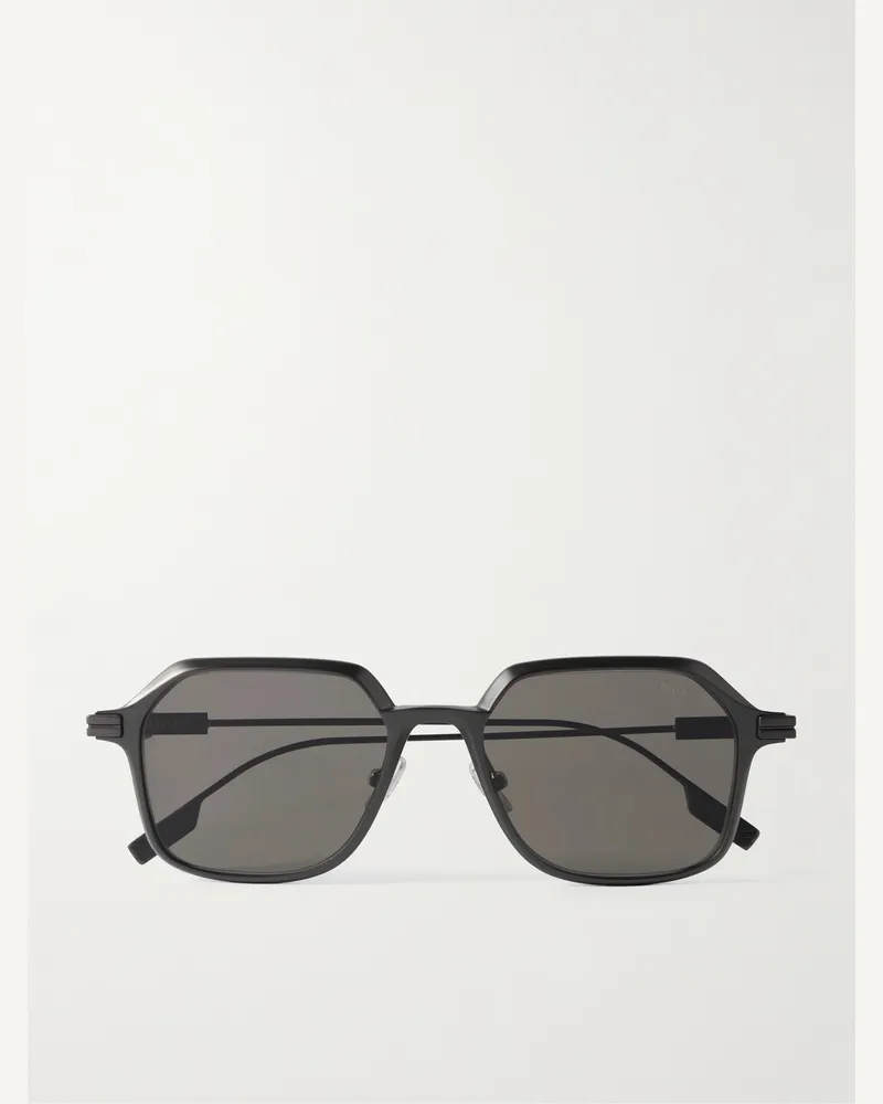 Ermenegildo Zegna Polarisierte Sonnenbrille mit D-Rahmen aus gebürstetem Aluminium Grau