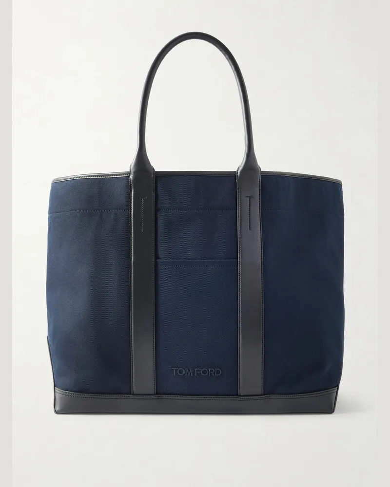 Tom Ford Leather-Trimmed Canvas Weekend Bag Blue