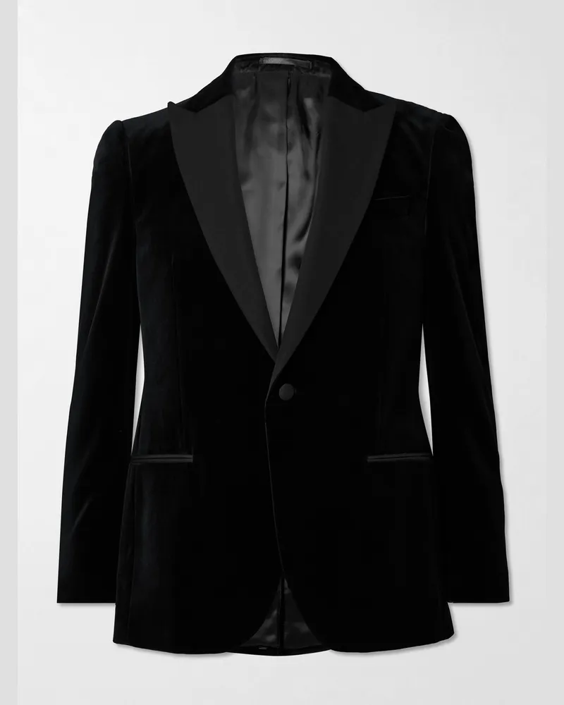 MR P. Schmal geschnittene Smokingjacke aus Baumwollsamt mit Twill-Besatz Schwarz