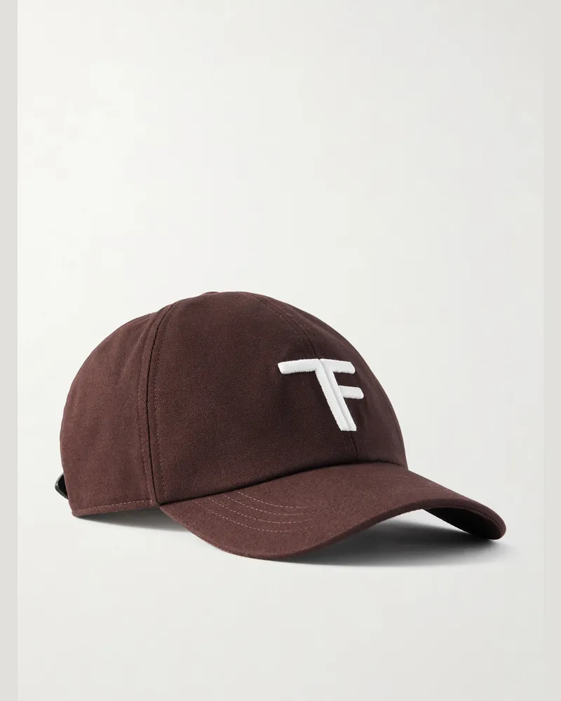 Tom Ford Leather-Trimmed Logo-Embroidered Cotton-Twill Baseball Cap Brown