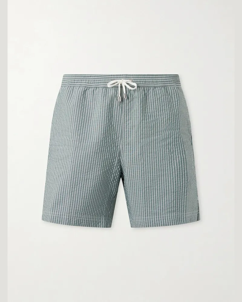 Sunspel Straight-Leg Striped Swim Shorts Green