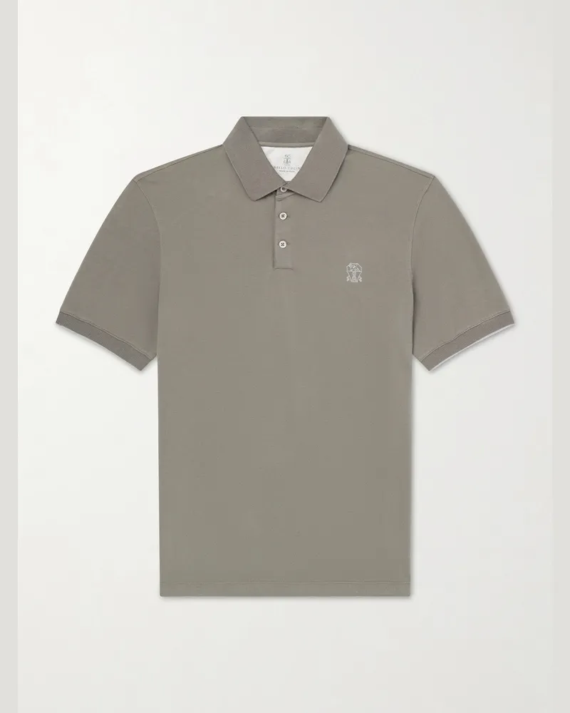 Brunello Cucinelli Logo-Print Cotton-Piqué Polo Shirt Green