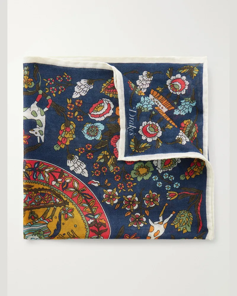 Drake's Folk Rider Printed Wool and Silk-Blend Gauze Pocket Square Blue