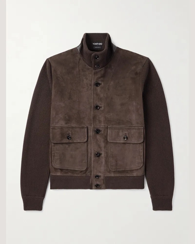Tom Ford Jacke aus Merinowolle in Rippstrick und Veloursleder Braun