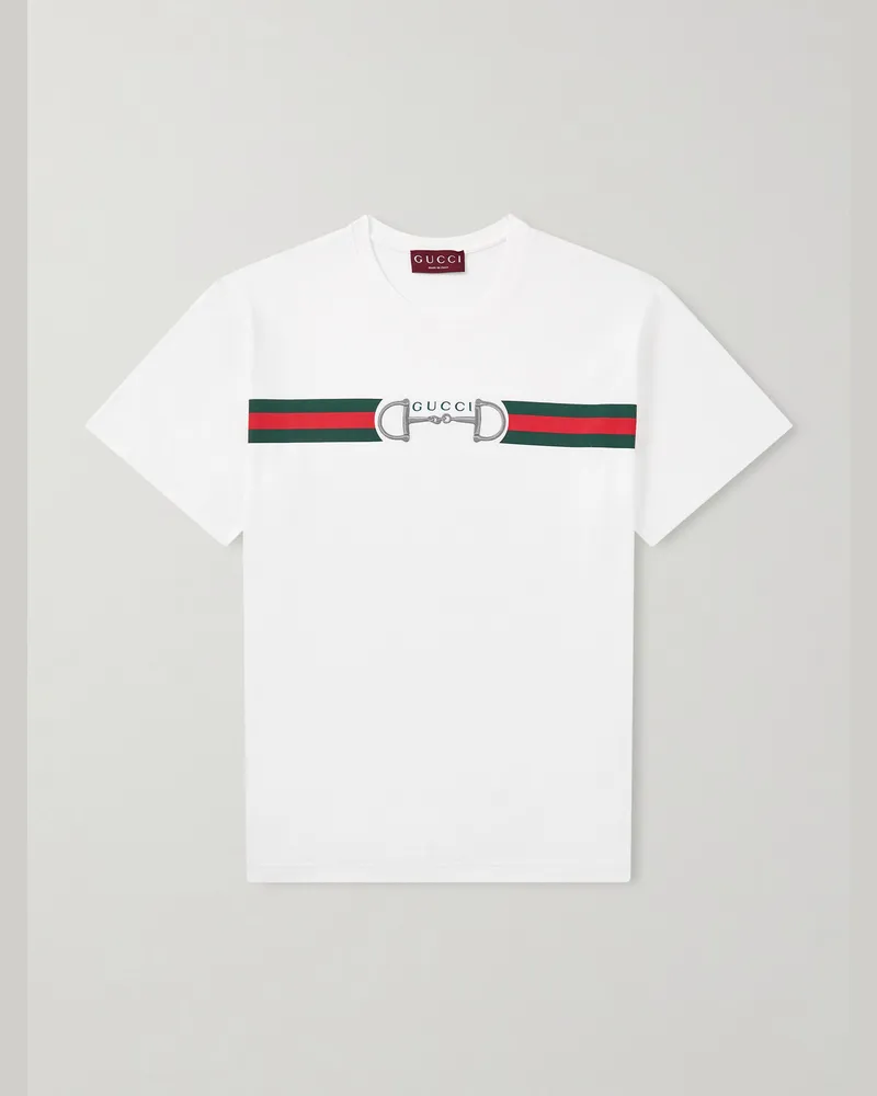 Gucci Logo-Embroidered Striped Cotton T-Shirt White
