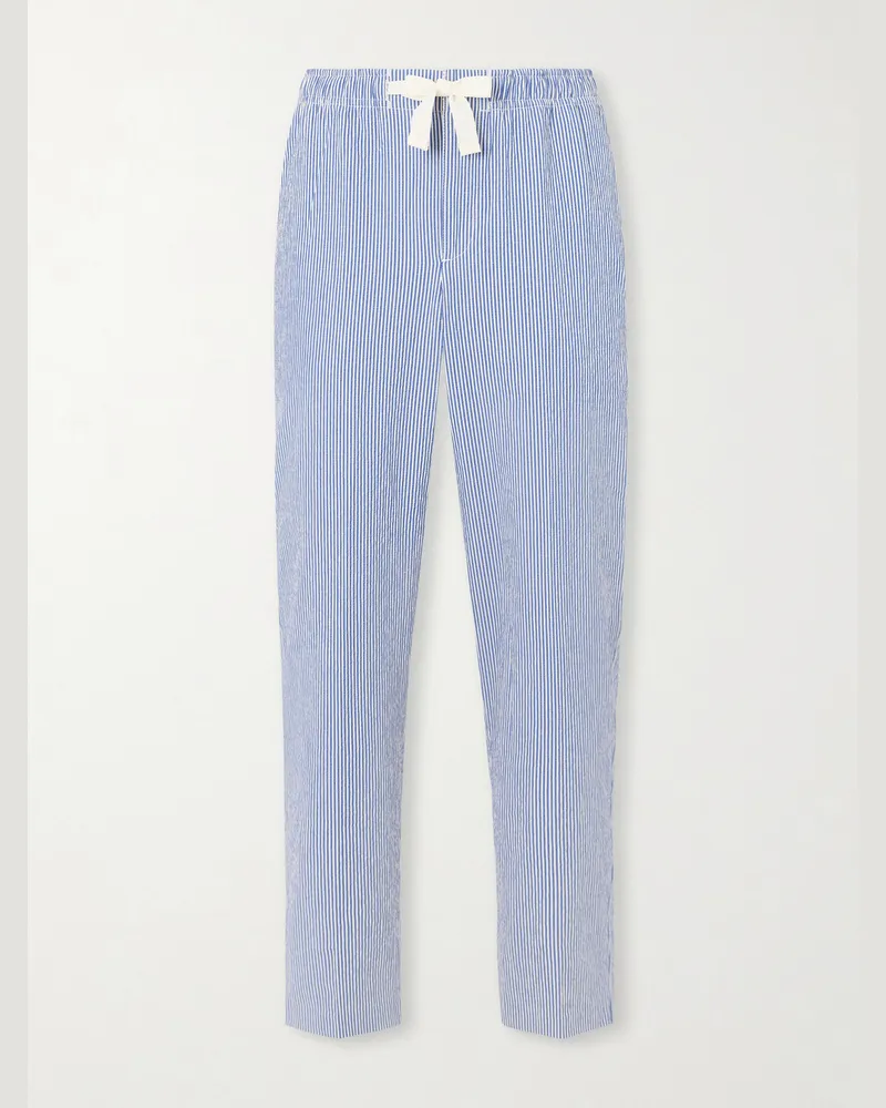 Orlebar Brown Alex schmal zulaufende Hose aus gestreiftem Seersucker aus einer Baumwollmischung mit Kordelzugbund Blau