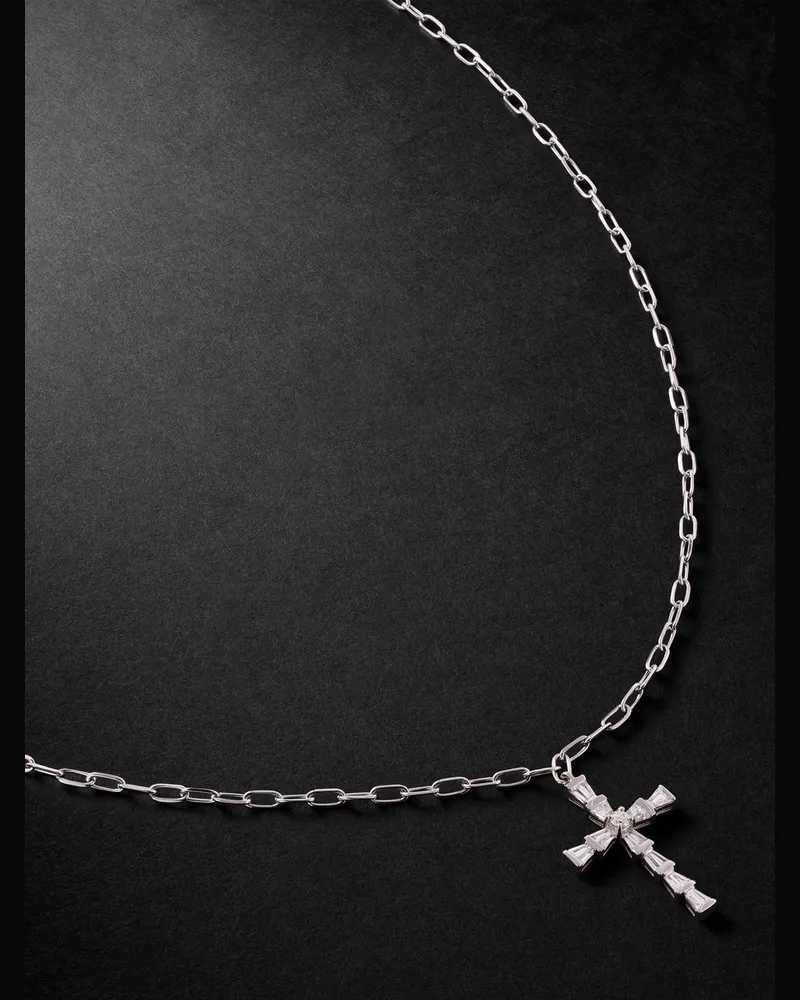 SHAY Mini 18-Karat White Gold Diamond Cross Necklace Silver