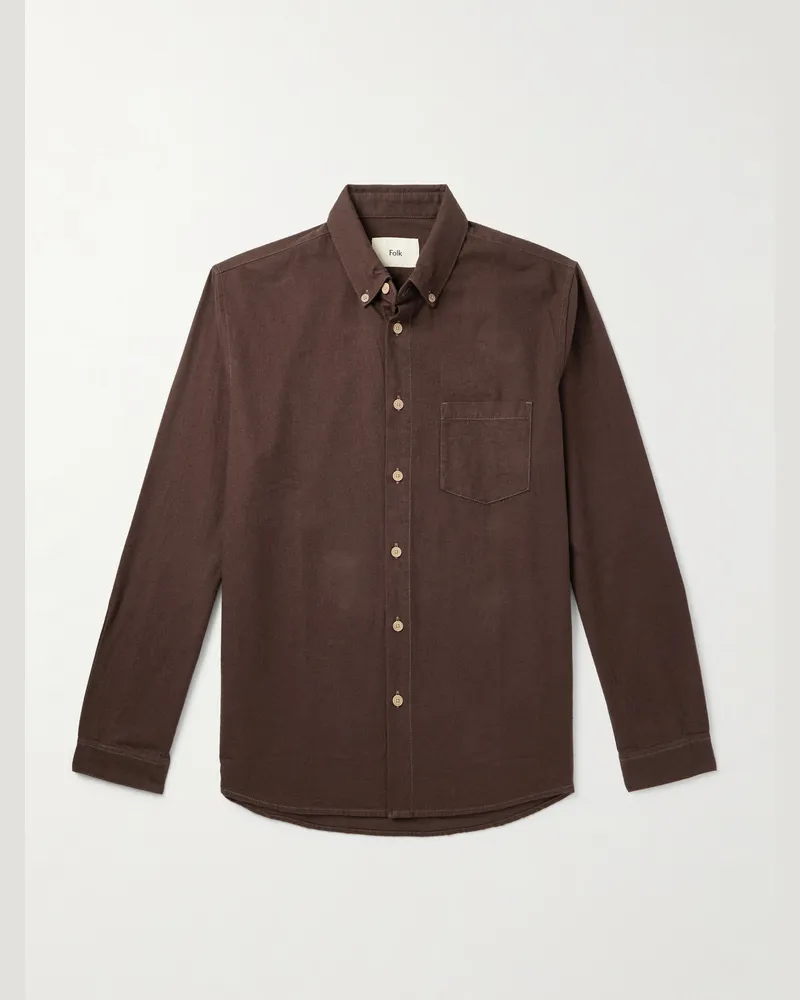 Folk Hemd aus Baumwollflanell mit Button-Down-Kragen Braun