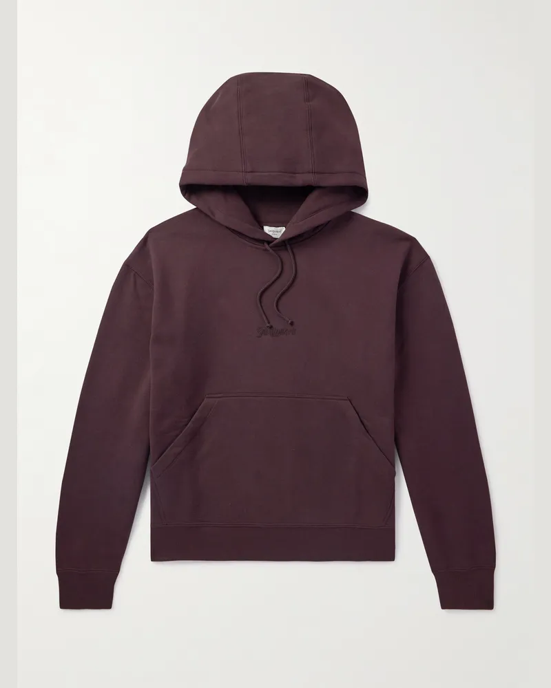 Saint Laurent Logo-Embroidered Cotton-Jersey Hoodie Brown
