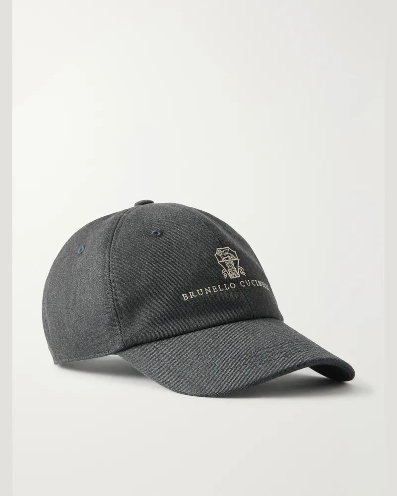 Brunello Cucinelli Logo-Embroidered Leather-Trimmed Cotton and Wool-Blend Twill Baseball Cap Gray