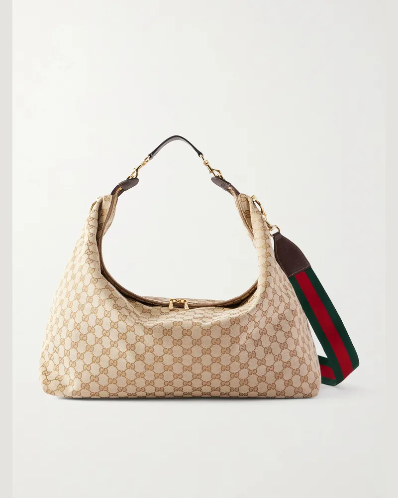 Gucci Brera Large Webbing- and Leather-Trimmed Monogrammed Canvas Tote Bag Neutrals