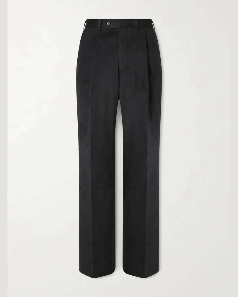 SAMAN AMEL Straight-Leg Pleated Peached Cotton-Blend Trousers Black