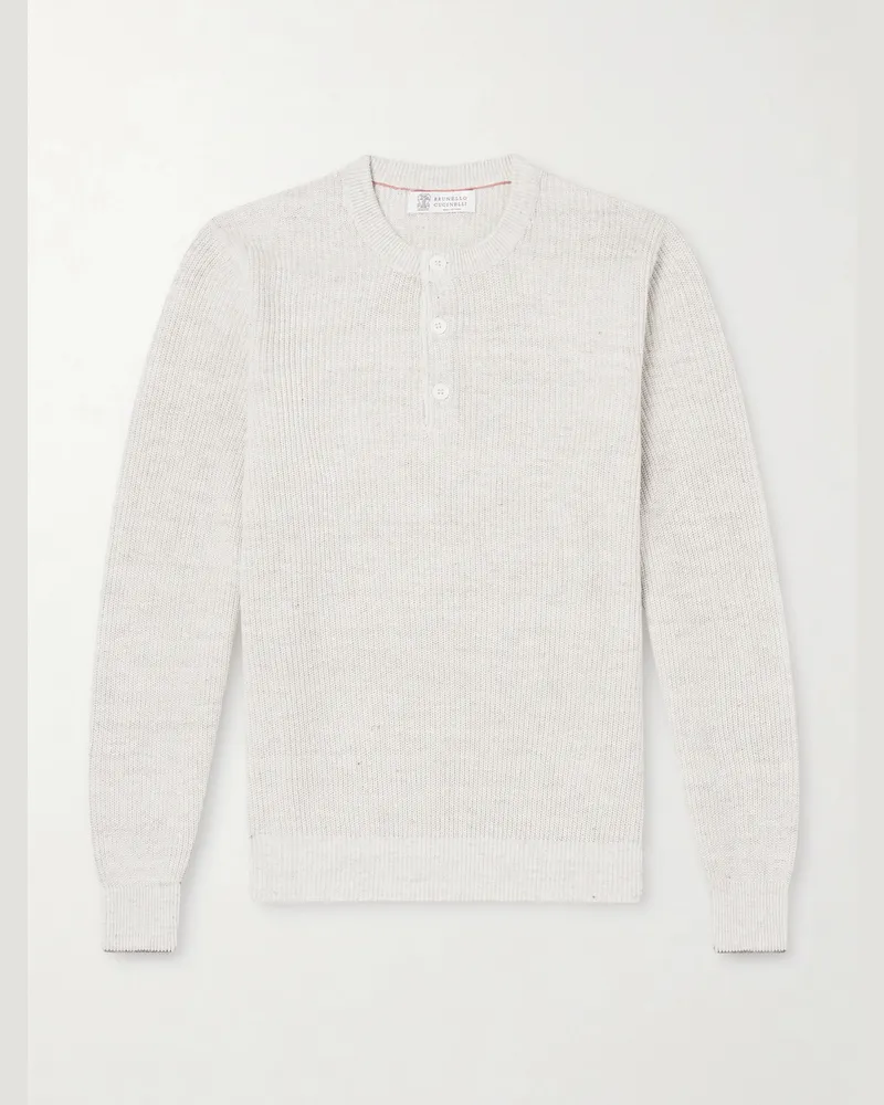 Brunello Cucinelli Ribbed Linen and Cotton-Blend Henley Shirt Neutrals