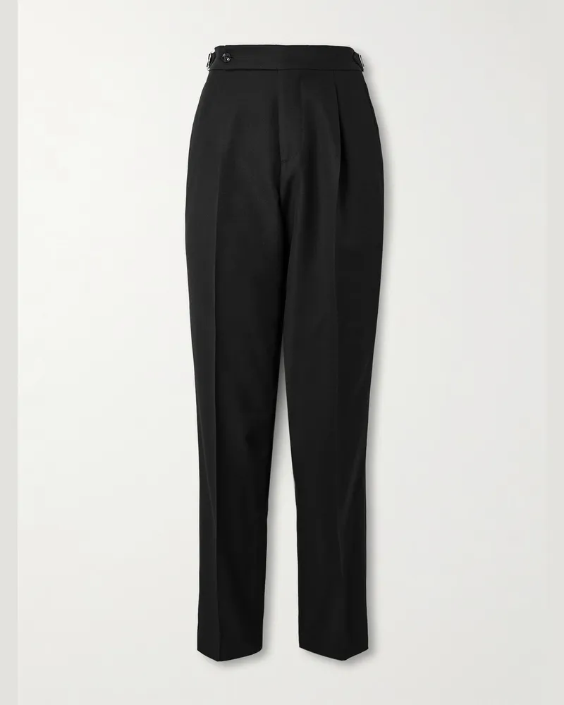 Brunello Cucinelli Tapered Pleated Satin-Trimmed Silk, Wool and Mohair-Blend Trousers Black