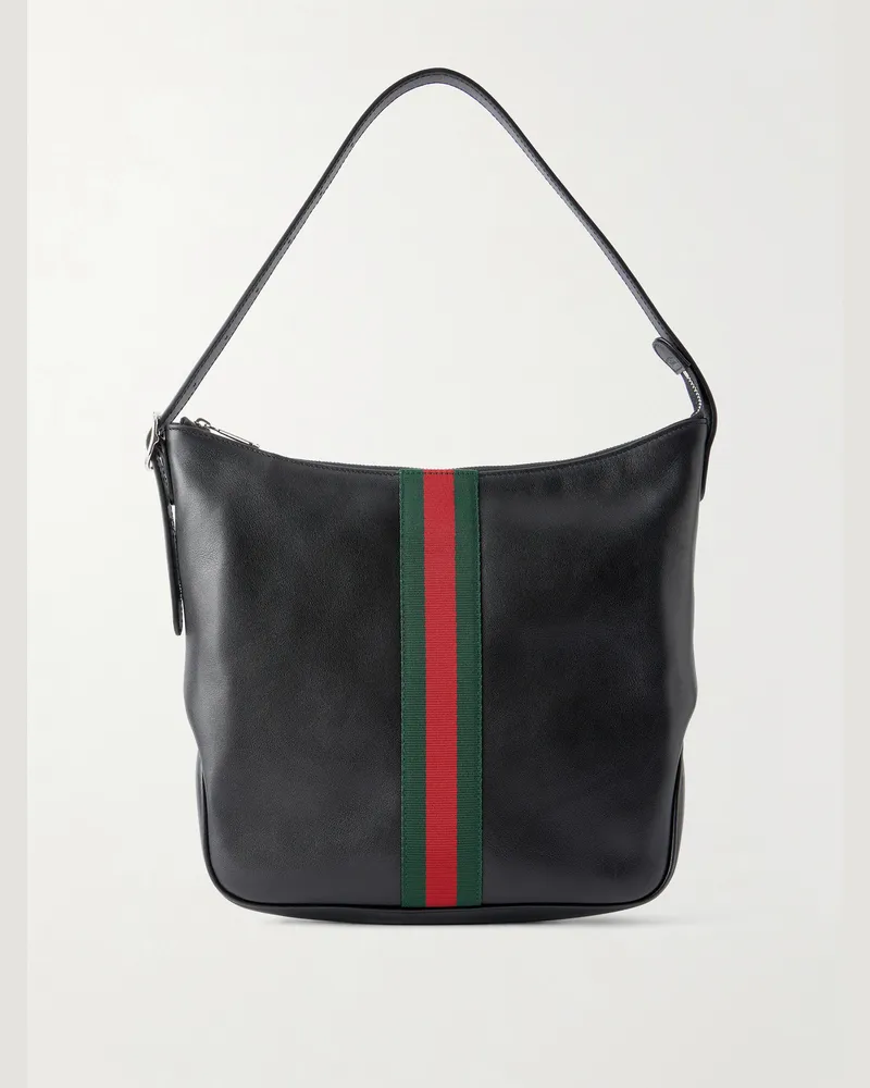 Gucci Lunetta Webbing-Trimmed Leather Tote Bag Black