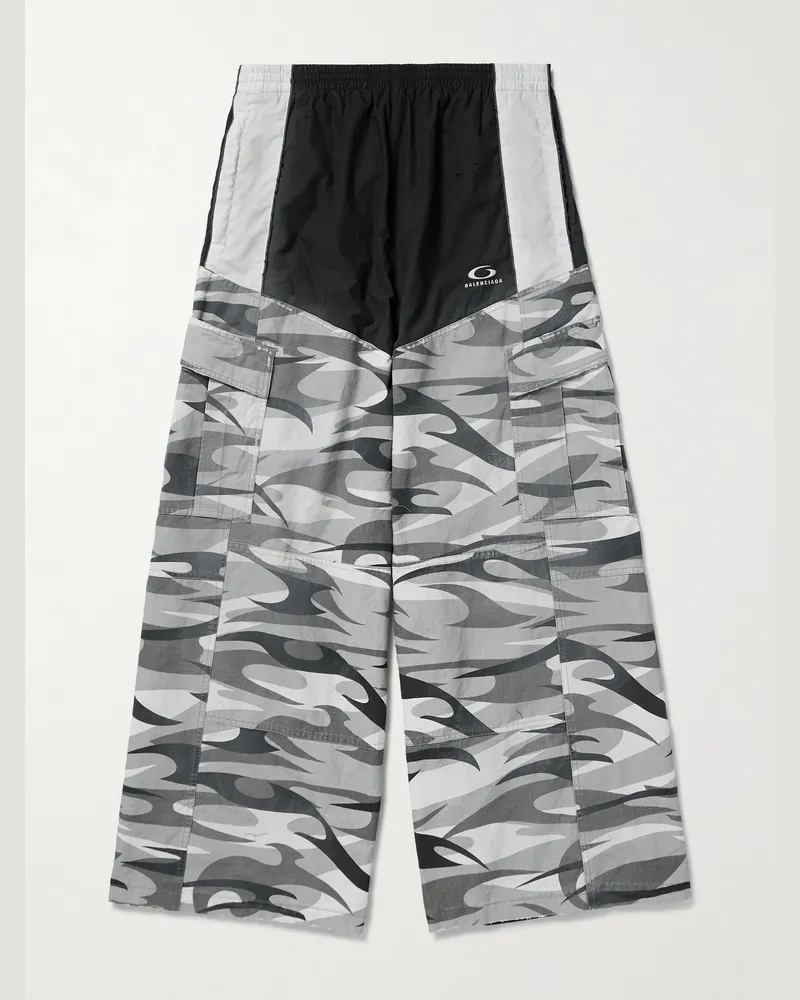 Balenciaga Wide-Leg Panelled Cotton-Poplin and Camouflage-Print Ripstop Cargo Track Pants Black