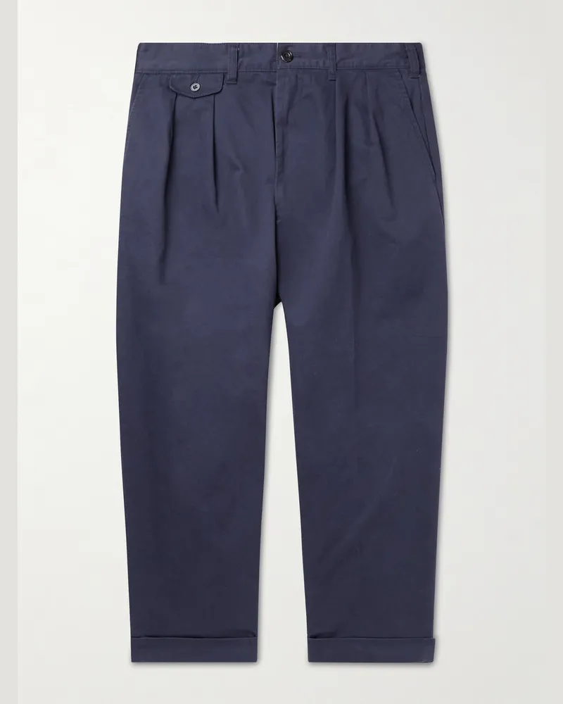 Beams Plus Tapered Cropped Pleated Cotton-Blend Twill Trousers Blue
