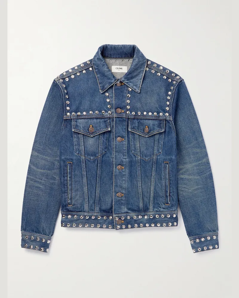 Celine Schmal geschnittene Jeansjacke mit Nieten Blau