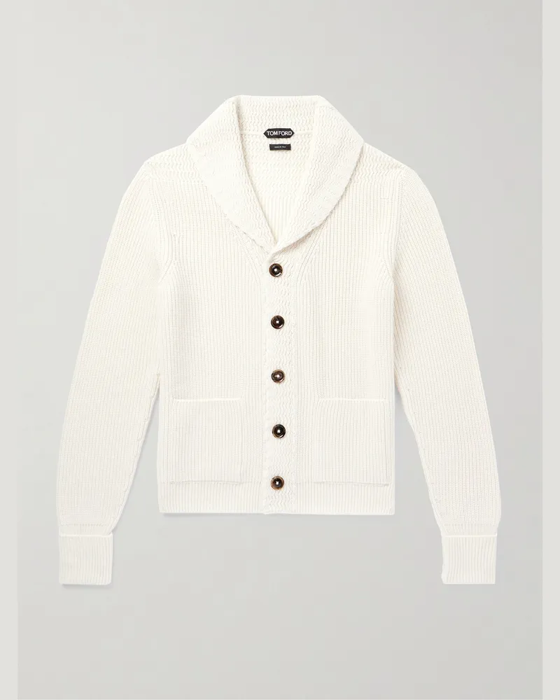 Tom Ford Schmal geschnittener Cardigan aus Kaschmir mit Schalkragen in Rippstrick Weiß