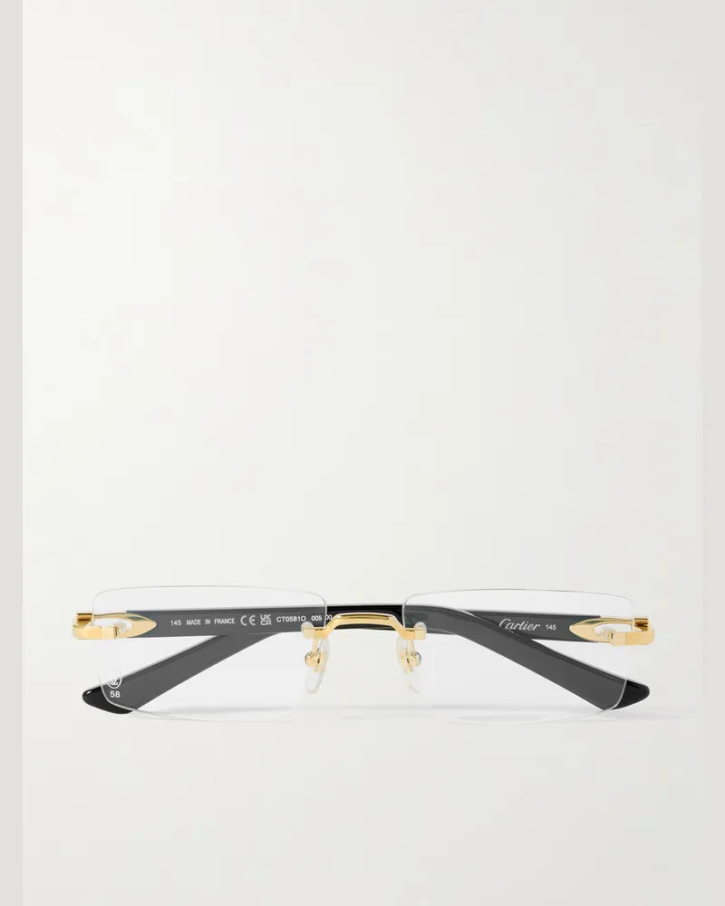 Cartier Signature C rahmenlose rechteckige Sonnenbrille mit goldfarbenen Details und Bügeln aus Azetat Schwarz