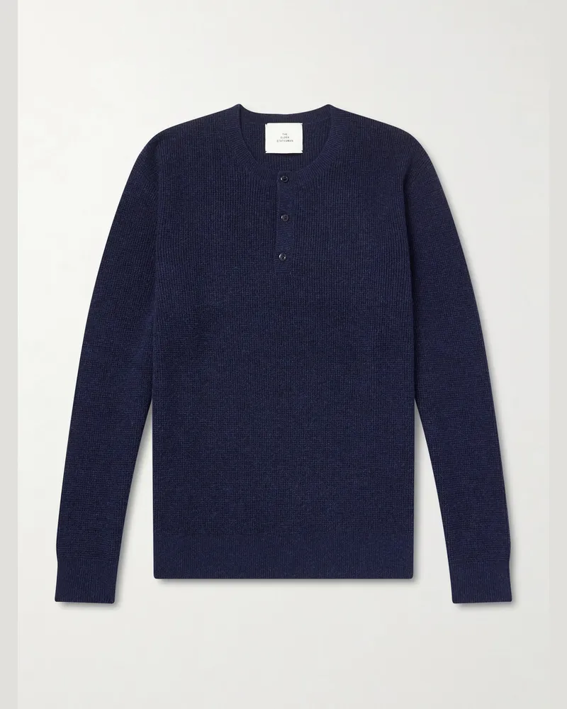 The Elder Statesman Waffle-Knit Cashmere Henley Sweater Blue