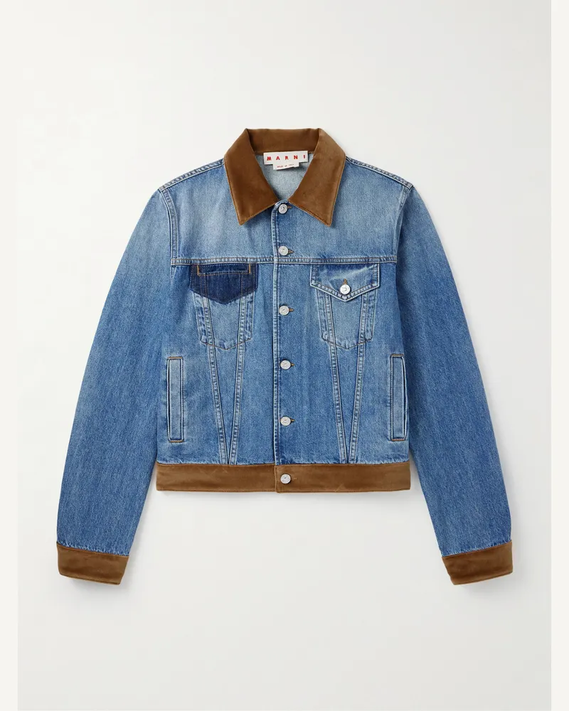 Marni Slawn and Soldier Jeansjacke mit Baumwollsamtbesatz und Applikation Blau