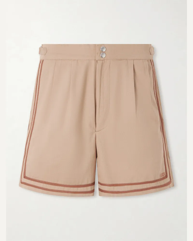 BODE Straight-Leg Pleated Cotton-Twill Shorts Neutrals